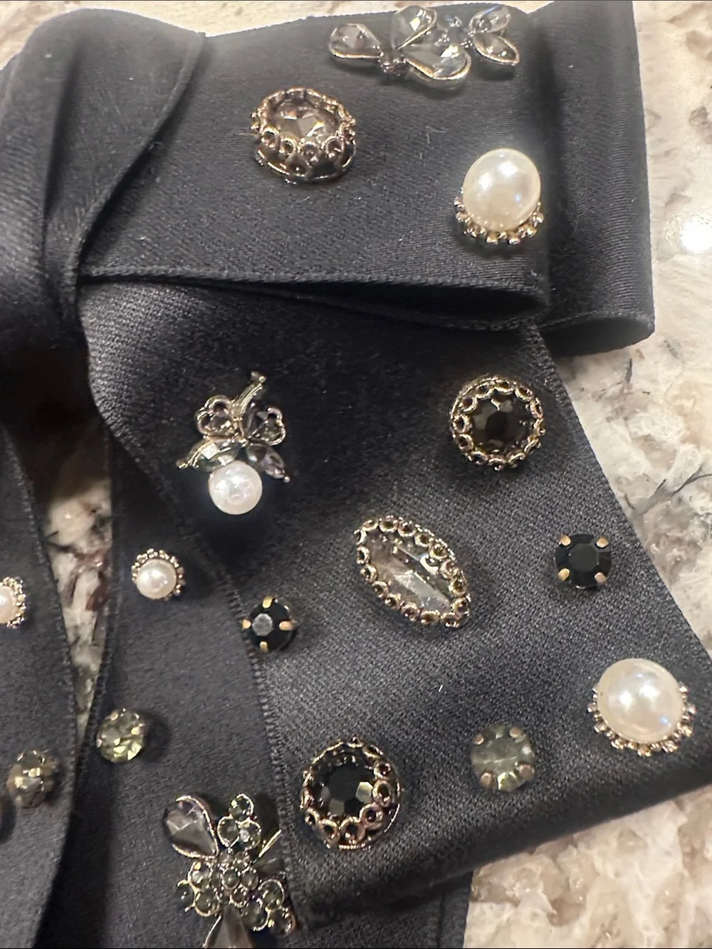 Saks Fifth Avenue Black Bow Hair Clip with Pearl & Crystal Accents